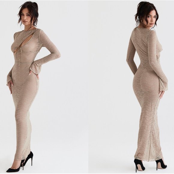 House of CB 'Giovanna' Stone Floral Lace Maxi Dress NWT - Picture 6 of 11